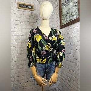 Janet Chung Black Floral Wrap 2 way Blouse